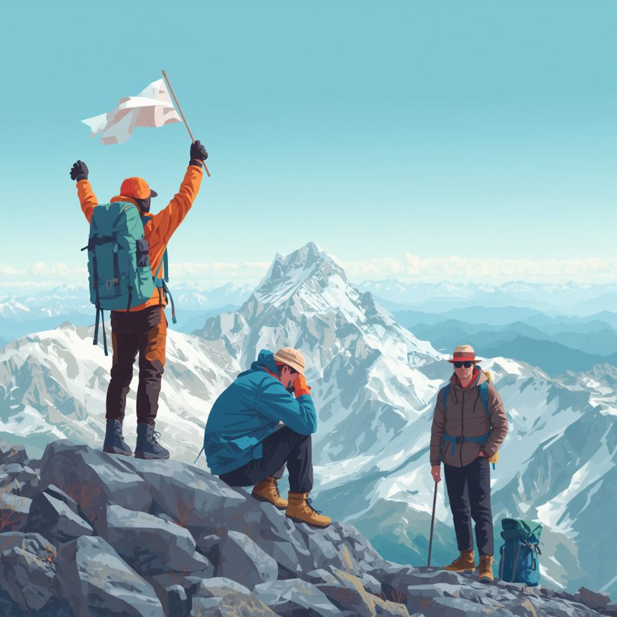 Climbers on a summit, one celebrating