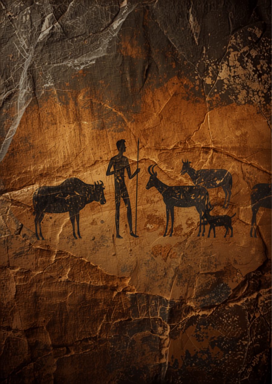 Cave painting of a teacher among animals
